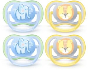 philips avent ultra air pacifier, 0-6 months, elephant,lion, 4 pack, scf085/07