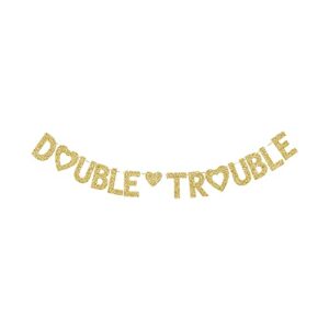 double trouble banner, twins baby shower party decorations it’s twins gold gliter paper sign