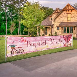 large happy valentines day banner outdoor decorations 120″ x 20″ valentine’s yard sign pink hearts tree bicycle balloons bears flowers birds holiday party supplies valentine backdrop home decor with brass grommets for garden house fence garage indoor gift