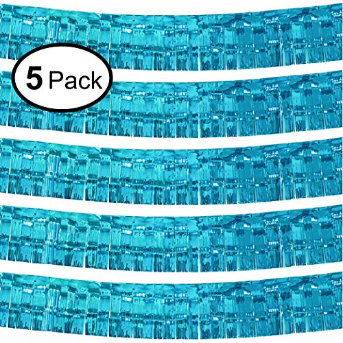 Blukey 10 Feet by 15 Inch Turquoise Foil Fringe Garland - Pack of 5 | Shiny Metallic Tinsel Banner | Ideal for Parade Floats, Bridal Shower, Wedding, Birthday, Christmas | Wall Hanging Drapes