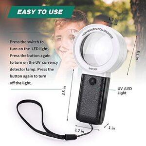 Magnifying Glass with Light, 30X Handheld Magnifier Double Lens with 4 Light for Coins, Map, Jewelry, Macular Degeneration