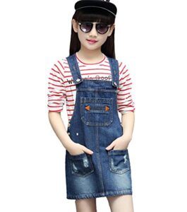 kidscool space girls bibs pocket adjustable straps casual jean overall dress,blue,6-7 years