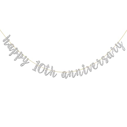 INNORU Glitter Silver Happy 10th Anniversary Banner - Ten Sign - Children Kids 10th Birthday Banner - 10th Wedding Anniversary Party Bunting Decoration