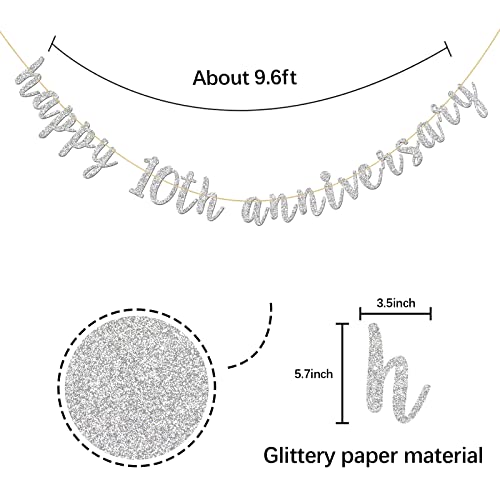 INNORU Glitter Silver Happy 10th Anniversary Banner - Ten Sign - Children Kids 10th Birthday Banner - 10th Wedding Anniversary Party Bunting Decoration