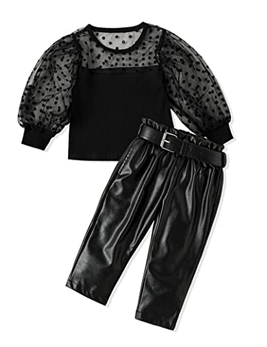 Fommy Toddler Girl Clothes, 5-6T Girls Clothes Mesh Puff Long Sleeve Top + PU Leather Pants 2Pcs Girls Outfit Set