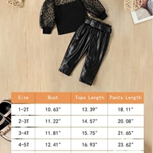 Fommy Toddler Girl Clothes, 5-6T Girls Clothes Mesh Puff Long Sleeve Top + PU Leather Pants 2Pcs Girls Outfit Set