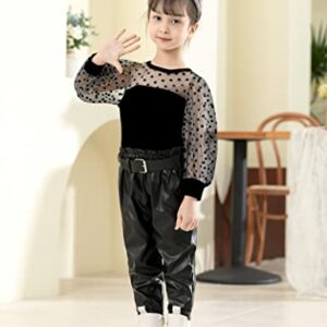 Fommy Toddler Girl Clothes, 5-6T Girls Clothes Mesh Puff Long Sleeve Top + PU Leather Pants 2Pcs Girls Outfit Set