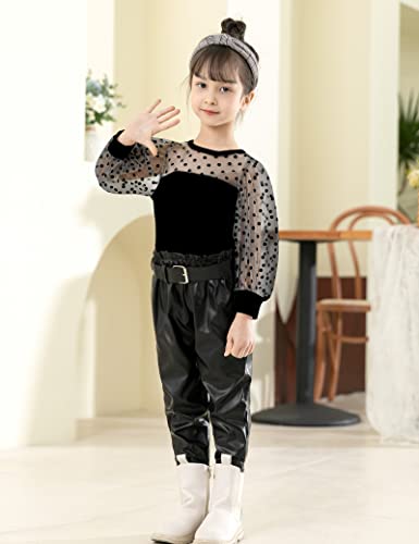 Fommy Toddler Girl Clothes, 5-6T Girls Clothes Mesh Puff Long Sleeve Top + PU Leather Pants 2Pcs Girls Outfit Set