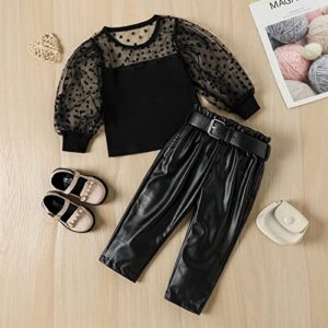 Fommy Toddler Girl Clothes, 5-6T Girls Clothes Mesh Puff Long Sleeve Top + PU Leather Pants 2Pcs Girls Outfit Set