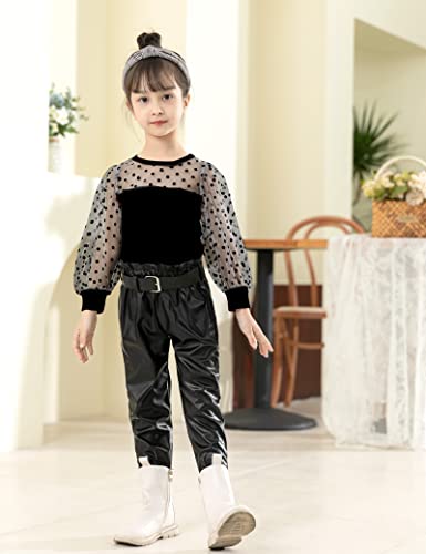 Fommy Toddler Girl Clothes, 5-6T Girls Clothes Mesh Puff Long Sleeve Top + PU Leather Pants 2Pcs Girls Outfit Set