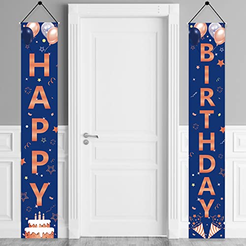 Rose Gold Navy Blue Birthday Door Banner Decorations, Happy Birthday Porch Sign Party Supplies for Women Girls, 16th 18th 21st 30th 40th 50th 60th Bday Decor for Outdoor Indoor