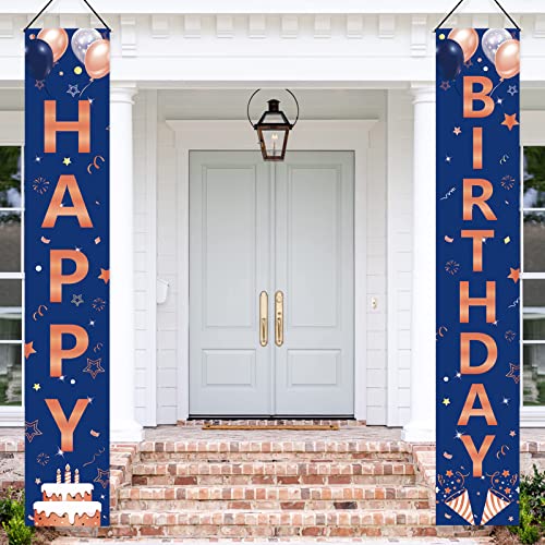 Rose Gold Navy Blue Birthday Door Banner Decorations, Happy Birthday Porch Sign Party Supplies for Women Girls, 16th 18th 21st 30th 40th 50th 60th Bday Decor for Outdoor Indoor