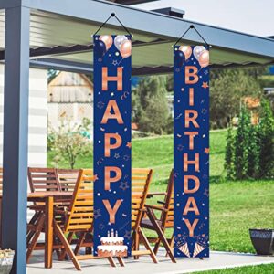 Rose Gold Navy Blue Birthday Door Banner Decorations, Happy Birthday Porch Sign Party Supplies for Women Girls, 16th 18th 21st 30th 40th 50th 60th Bday Decor for Outdoor Indoor
