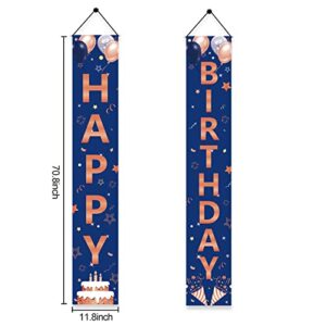 Rose Gold Navy Blue Birthday Door Banner Decorations, Happy Birthday Porch Sign Party Supplies for Women Girls, 16th 18th 21st 30th 40th 50th 60th Bday Decor for Outdoor Indoor