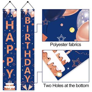 Rose Gold Navy Blue Birthday Door Banner Decorations, Happy Birthday Porch Sign Party Supplies for Women Girls, 16th 18th 21st 30th 40th 50th 60th Bday Decor for Outdoor Indoor