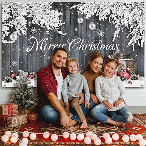 Christmas Wood Photography Backdrop Merry Christmas Santa Claus Gifts Background Rustic Barn Snowflakes Photo Background for Winter Holiday Home Decor Xmas Party Photography Props, 73 x 43 Inches