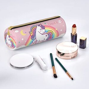 Unicorn Pencil Case Round Pink Zipper Pencil Pouch Rainbow Round Pen Bag for Women Girls