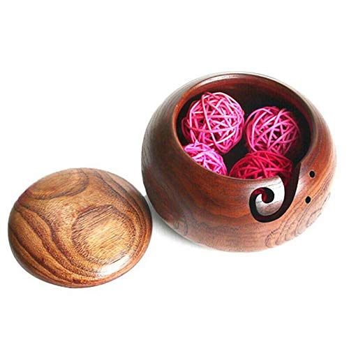 Handmade Wooden Yarn Bowl with Cover for Knitting Needles and Crocheting 6", Wooden Yarn Bowl for Moms and Grandmothers