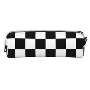 Ykklima Leather Pencil Case - Black White Race Checkered Flag Pattern, Stationery Bag Pen Organizer Makeup Cosmetic Holder Pouch for School Work Office College