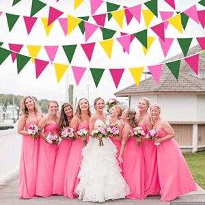 32Ft Hot Pink Green Yellow Pennant Banner Fabric Triangle Flag Bunting Garland for Flamingo Aloha Tropical Luna Hawaiian Jungle Summer Wedding Birthday Party Outdoor Garden Hanging Decoration