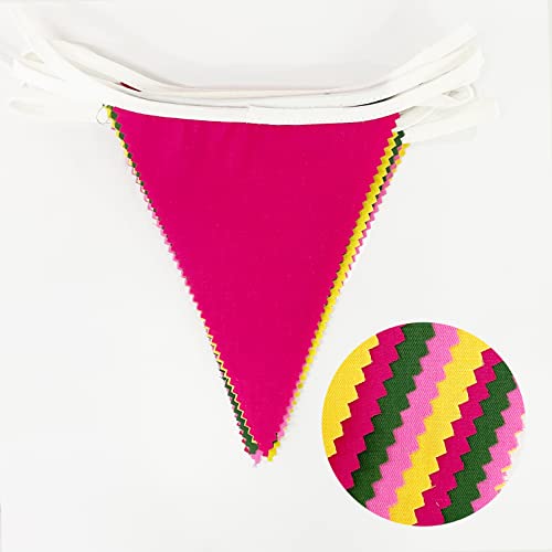 32Ft Hot Pink Green Yellow Pennant Banner Fabric Triangle Flag Bunting Garland for Flamingo Aloha Tropical Luna Hawaiian Jungle Summer Wedding Birthday Party Outdoor Garden Hanging Decoration