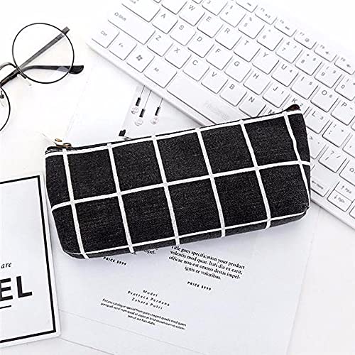 Canvas Pencil Bag, Striped Grid Pencil Case Simplicity Pen Pouch Cute Pen Bag, Solid Color Pen Box Stationery Bag School Supplies(Black)