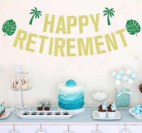 Happy Retirement Banner Gold Glitter - Retirement Party Decorations Palm leaves Decor, Farewell Party Cake Decor, Tropical Retirement Decor, Happy Retirement Party Decorations