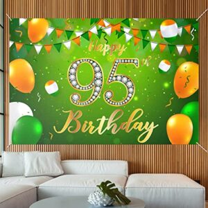 happy 95th birthday backdrop banner decor green – glitter cheers to 95 years old birthday party theme decorations for men women supplies