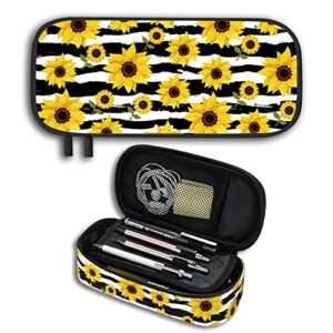 3 Compartments Durable Sunflower Pencil Pen Case for Boys Girls Teen, Large Capacity Pencil Box with Zipper Organizer Pencil Bag Stationery Pouch Makeup Bag Supplies Office Stuff