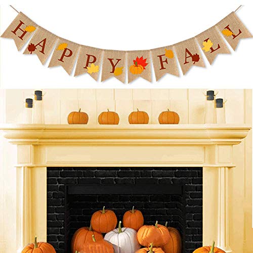 Happy Fall Pumpkin Burlap Banner, Borogo Thanksgiving Fall Happy Fall Burlap Banner Harvest Home Decor Bunting Flag Garland Party Thanksgiving Day Fireplace Decoration