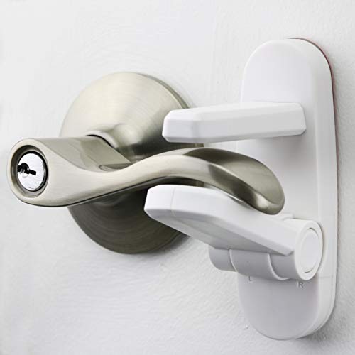 Improved Childproof Door Lever Lock (1 Pack) Prevents Toddlers from Opening Doors. Easy One Hand Operation for Adults. Durable ABS with 3M Adhesive Backing. Simple Install (White, 1-Pack)