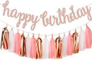 rose gold birthday decorations rose gold happy birthday banner tissue paper tassels garland for birthday party decorations birthday decoration for girl women