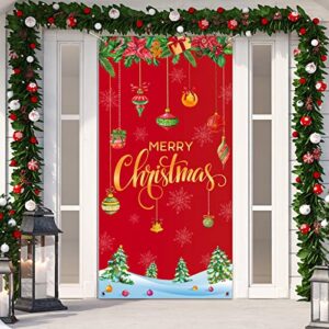 merry christmas door cover 35 x 71 inch christmas ball door cover backdrops xmas tree door cover banner christmas balls background xmas snowflake front door christmas hanging decorations (red)