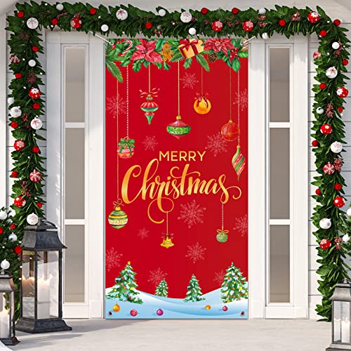 Merry Christmas Door Cover 35 x 71 Inch Christmas Ball Door Cover Backdrops Xmas Tree Door Cover Banner Christmas Balls Background Xmas snowflake Front Door Christmas Hanging Decorations (Red)