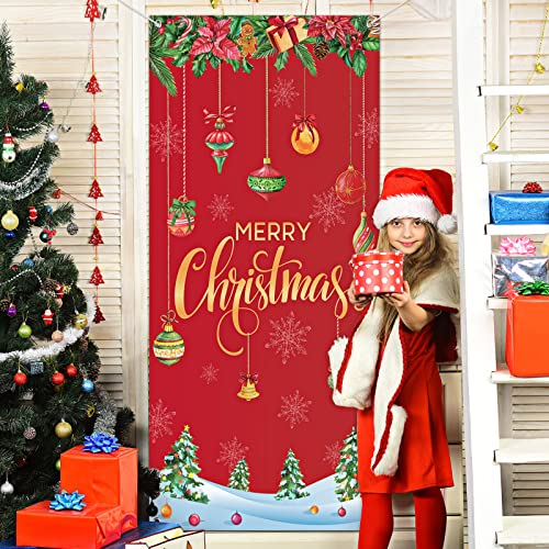 Merry Christmas Door Cover 35 x 71 Inch Christmas Ball Door Cover Backdrops Xmas Tree Door Cover Banner Christmas Balls Background Xmas snowflake Front Door Christmas Hanging Decorations (Red)