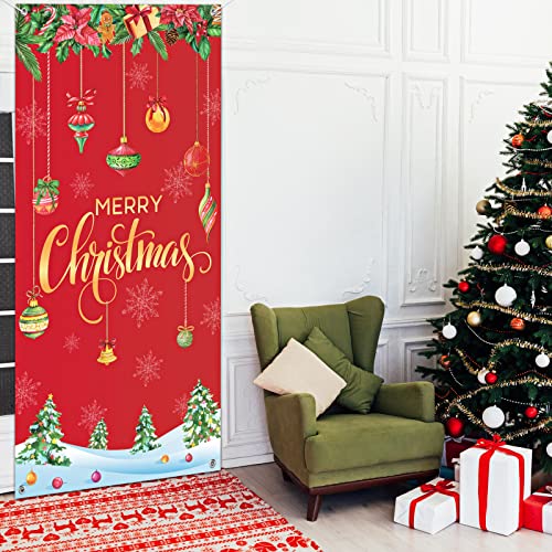 Merry Christmas Door Cover 35 x 71 Inch Christmas Ball Door Cover Backdrops Xmas Tree Door Cover Banner Christmas Balls Background Xmas snowflake Front Door Christmas Hanging Decorations (Red)