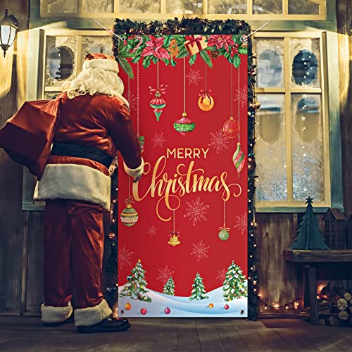 Merry Christmas Door Cover 35 x 71 Inch Christmas Ball Door Cover Backdrops Xmas Tree Door Cover Banner Christmas Balls Background Xmas snowflake Front Door Christmas Hanging Decorations (Red)