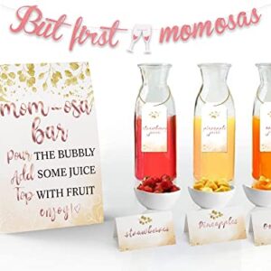 Momosa Bar Decorations – Gold Foil Banner Tags Kit, Momosa Bar Sign, 8 Bottle Tags, 8 Table Cards – Bridal Shower Bubbly Bar Champagne Baby Shower Wedding Birthday Party/mo019A