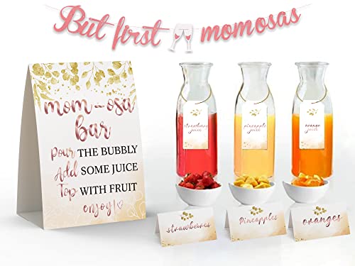 Momosa Bar Decorations – Gold Foil Banner Tags Kit, Momosa Bar Sign, 8 Bottle Tags, 8 Table Cards – Bridal Shower Bubbly Bar Champagne Baby Shower Wedding Birthday Party/mo019A