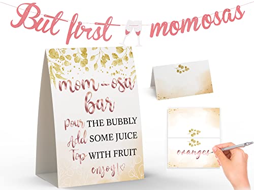 Momosa Bar Decorations – Gold Foil Banner Tags Kit, Momosa Bar Sign, 8 Bottle Tags, 8 Table Cards – Bridal Shower Bubbly Bar Champagne Baby Shower Wedding Birthday Party/mo019A