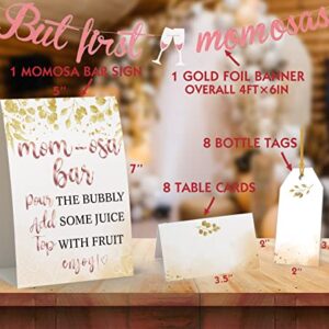 Momosa Bar Decorations – Gold Foil Banner Tags Kit, Momosa Bar Sign, 8 Bottle Tags, 8 Table Cards – Bridal Shower Bubbly Bar Champagne Baby Shower Wedding Birthday Party/mo019A