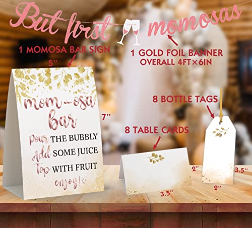 Momosa Bar Decorations – Gold Foil Banner Tags Kit, Momosa Bar Sign, 8 Bottle Tags, 8 Table Cards – Bridal Shower Bubbly Bar Champagne Baby Shower Wedding Birthday Party/mo019A