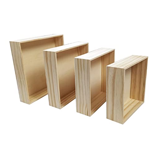 Zerodeko 4pcs Unfinished Wooden Box Stackable Rustic Wood Square Storage Organizer Container Craft Box for DIY Craft Collectibles Home Venue Desktop Drawer Decor Succulent Pot