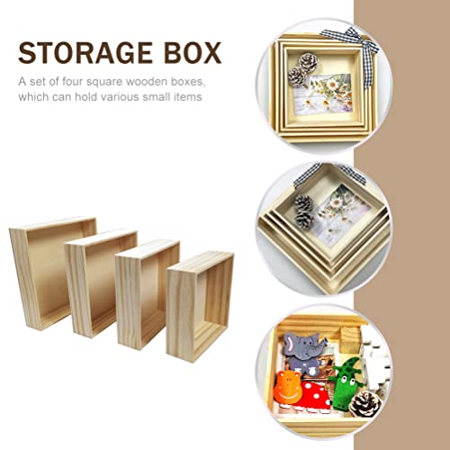 Zerodeko 4pcs Unfinished Wooden Box Stackable Rustic Wood Square Storage Organizer Container Craft Box for DIY Craft Collectibles Home Venue Desktop Drawer Decor Succulent Pot