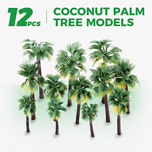 Yetaha 12PCS Coconut Palm Tree Model, Miniature Tropical Tree, Plastic Artificial Model Trees for Diorama Train Railway Layout Rainforest Landscape Scenery Cake Decorative (3.1-6.3 inch Mixed)