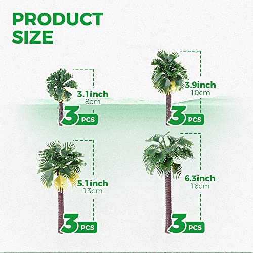 Yetaha 12PCS Coconut Palm Tree Model, Miniature Tropical Tree, Plastic Artificial Model Trees for Diorama Train Railway Layout Rainforest Landscape Scenery Cake Decorative (3.1-6.3 inch Mixed)