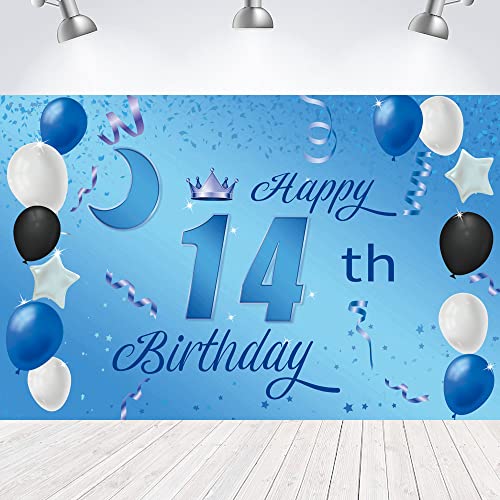 Sweet Happy 14th Birthday Backdrop Banner Poster 14 Birthday Party Decorations 14th Birthday Party Supplies 14th Photo Background for Girls,Boys,Women,Men - Blue 72.8 x 43.3 Inch