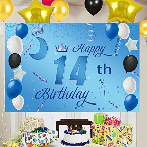 Sweet Happy 14th Birthday Backdrop Banner Poster 14 Birthday Party Decorations 14th Birthday Party Supplies 14th Photo Background for Girls,Boys,Women,Men - Blue 72.8 x 43.3 Inch