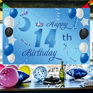 Sweet Happy 14th Birthday Backdrop Banner Poster 14 Birthday Party Decorations 14th Birthday Party Supplies 14th Photo Background for Girls,Boys,Women,Men - Blue 72.8 x 43.3 Inch