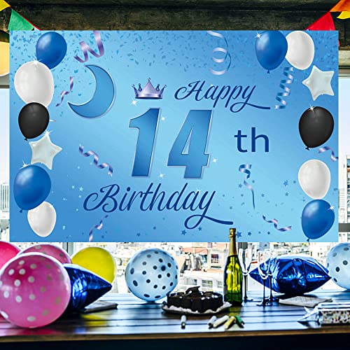 Sweet Happy 14th Birthday Backdrop Banner Poster 14 Birthday Party Decorations 14th Birthday Party Supplies 14th Photo Background for Girls,Boys,Women,Men - Blue 72.8 x 43.3 Inch